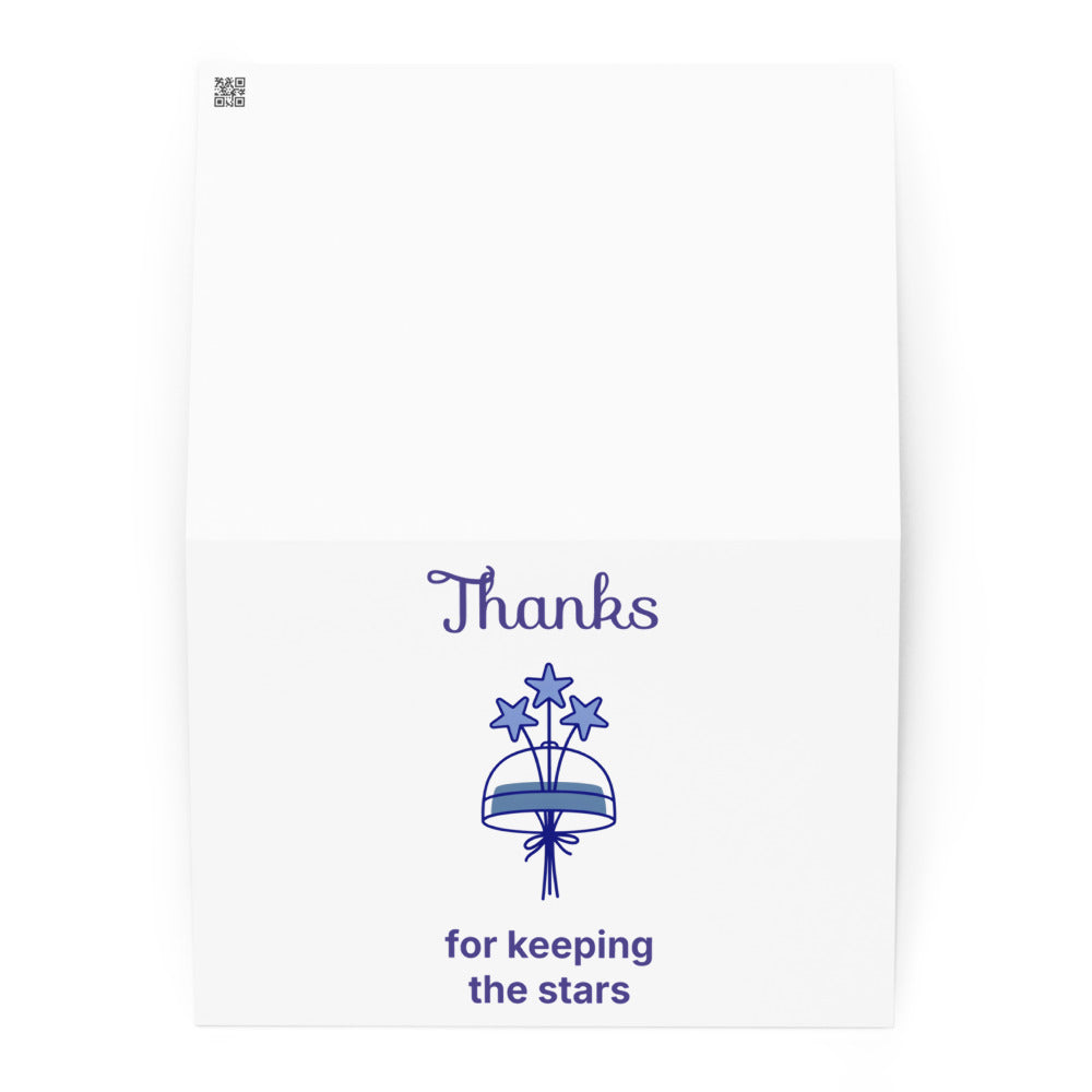 Folded dark sky thank you card standing open, showing the Thanks for keeping the stars front and plain inside
