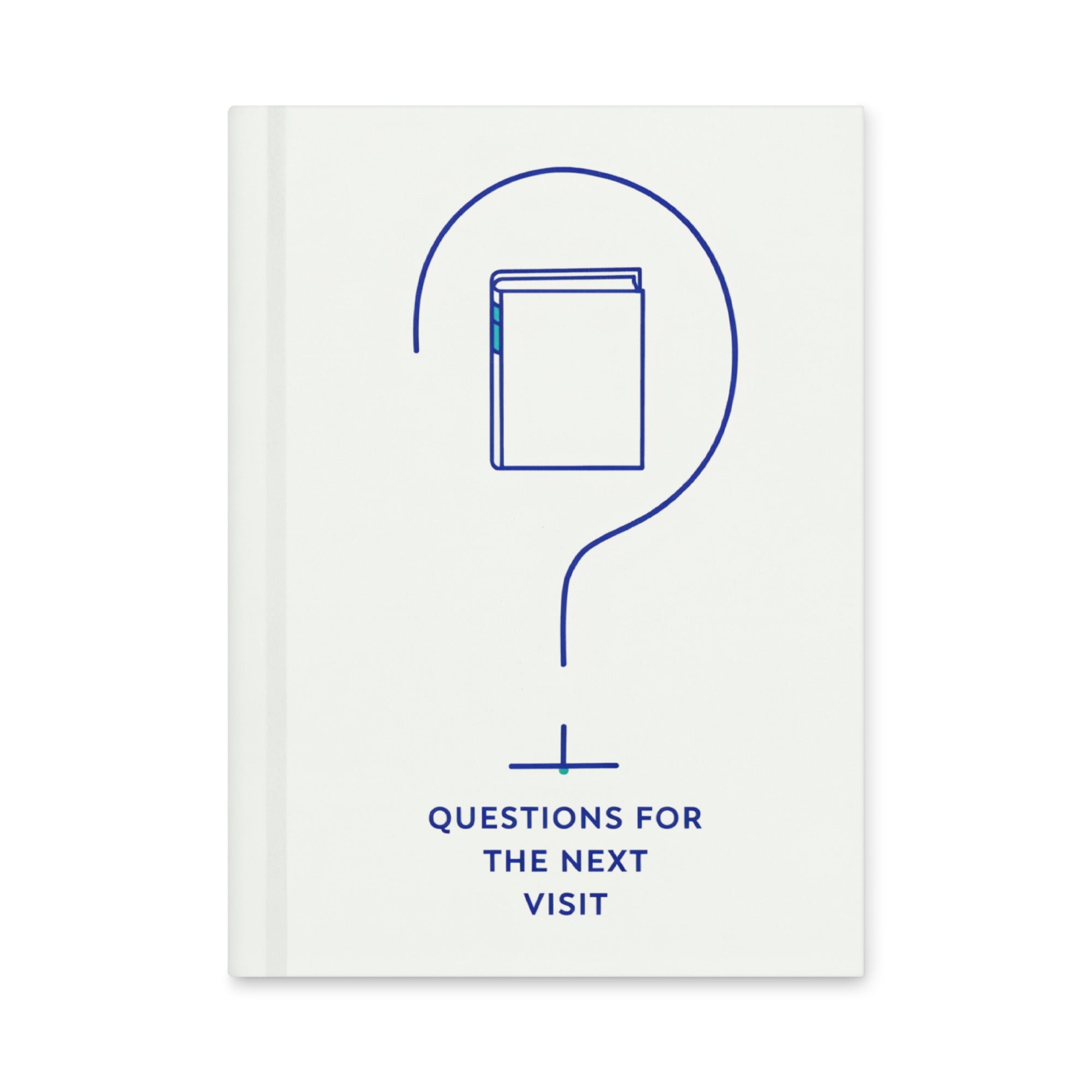 Birding journal front cover: a navy question mark curls around a small closed book above QUESTIONS FOR THE NEXT VISIT on ivory