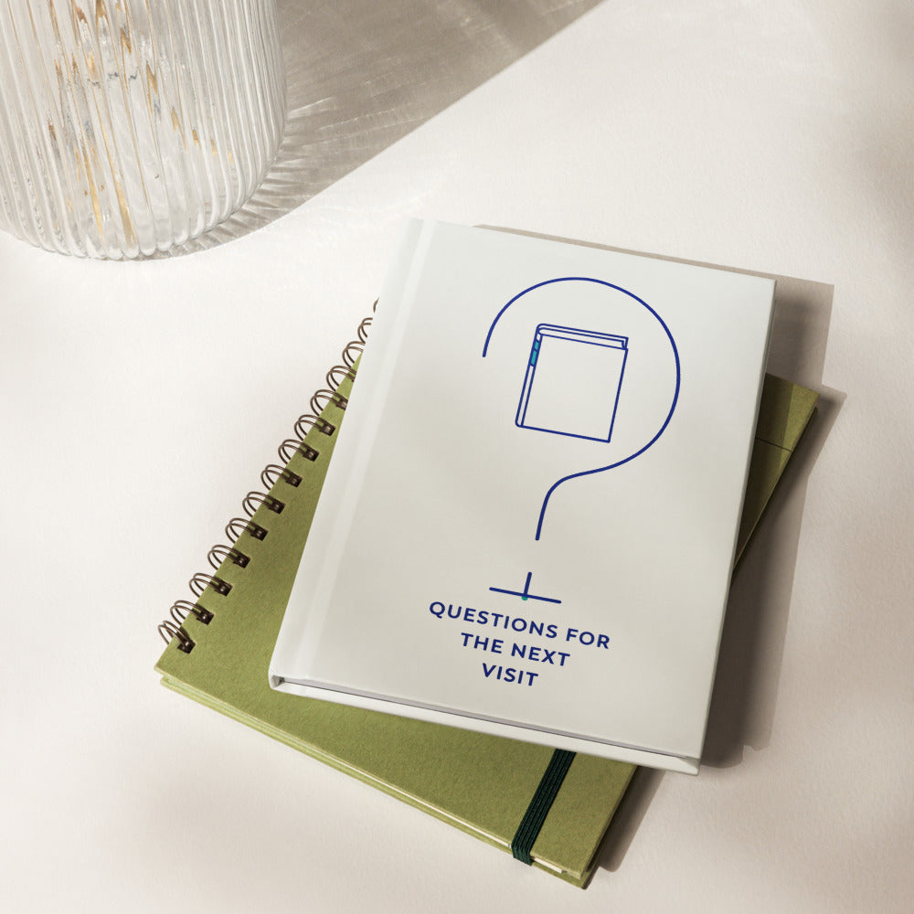 Birding journal on a table: QUESTIONS FOR THE NEXT VISIT with a navy question mark around a small book, on an ivory hardcover