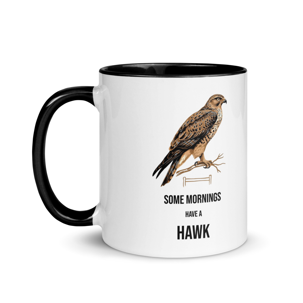 Hawk mug with black inside, 11 oz, handle on the left: the same design printed on the other side, so it faces out in either hand