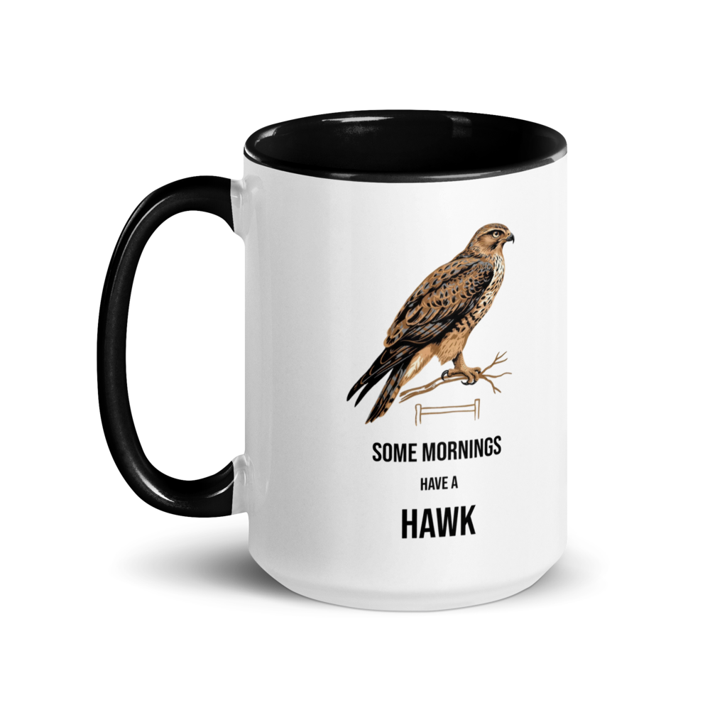 Hawk mug with black inside, 15 oz, handle on the left: the same design printed on the other side, so it faces out in either hand