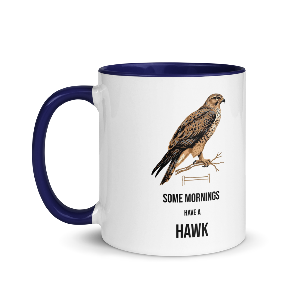 Hawk mug with dark blue inside, 11 oz, handle on the left: the same design printed on the other side, so it faces out in either hand