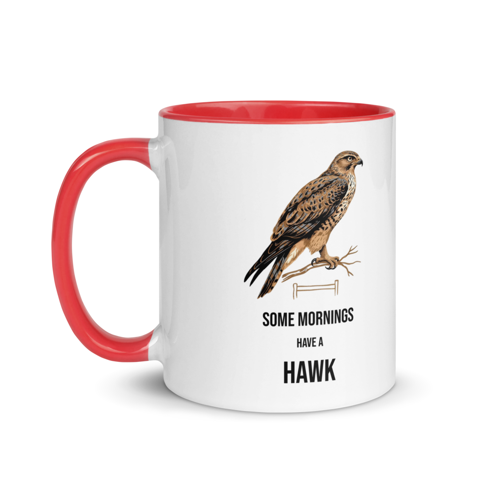 Hawk mug with red inside, 11 oz, handle on the left: the same design printed on the other side, so it faces out in either hand