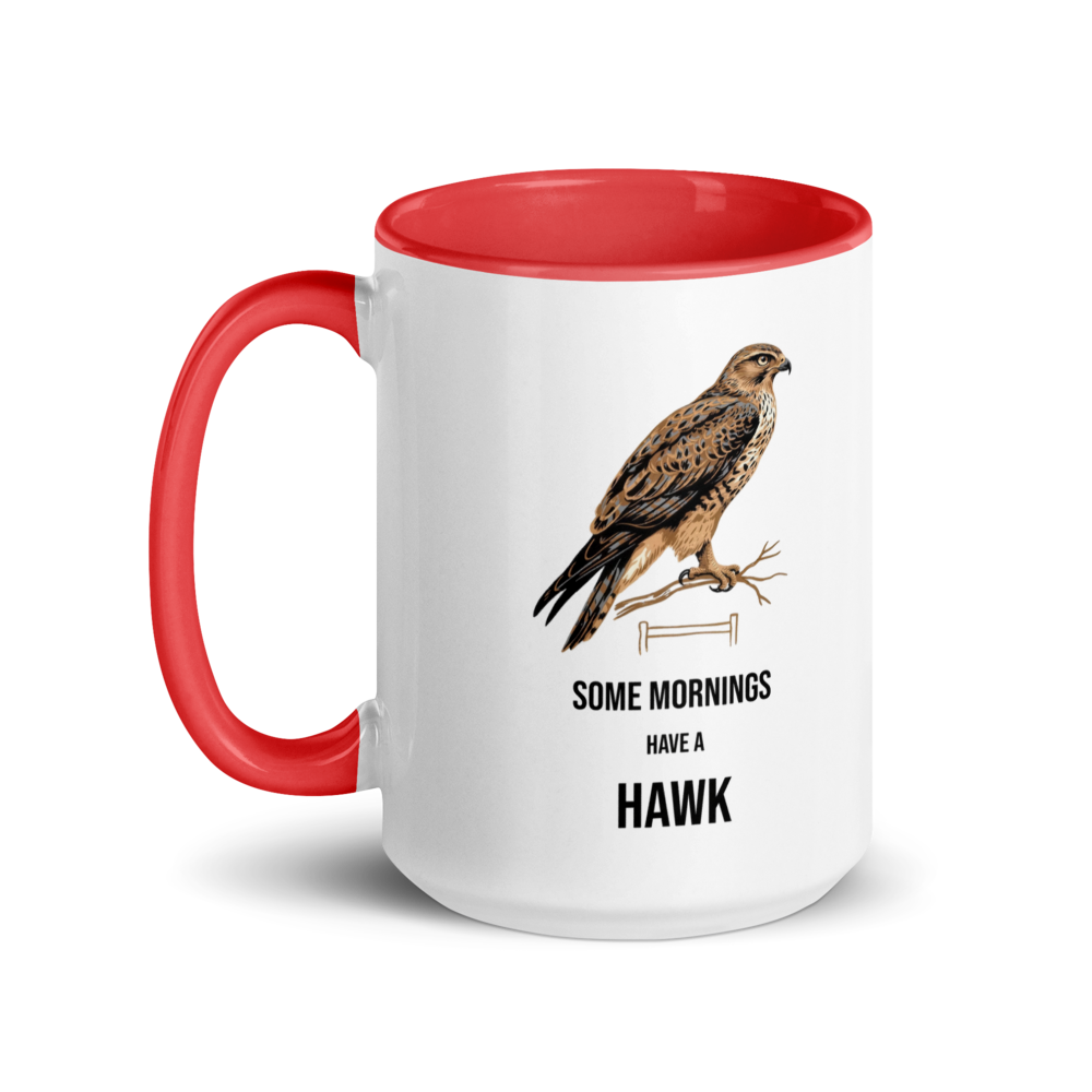Hawk mug with red inside, 15 oz, handle on the left: the same design printed on the other side, so it faces out in either hand