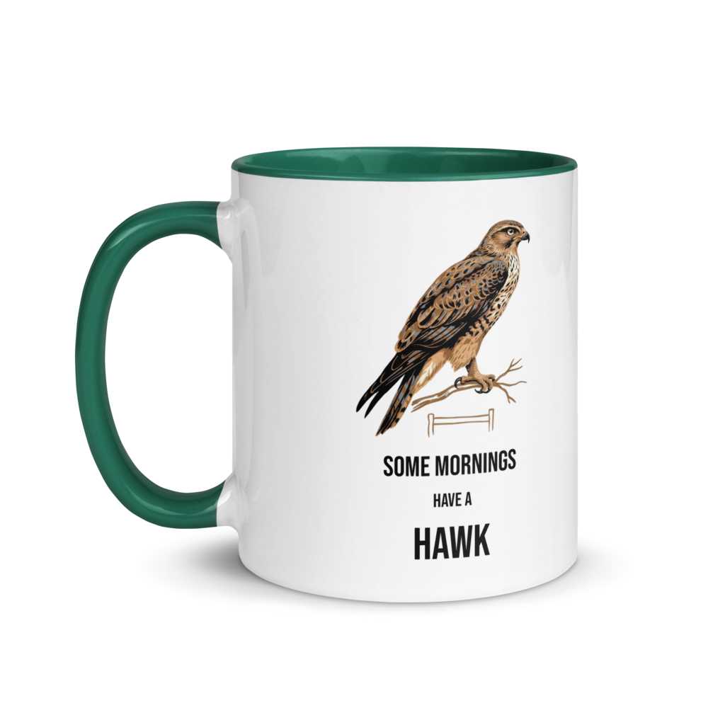 Hawk mug with dark green inside, 11 oz, handle on the left: the same design printed on the other side, so it faces out in either hand