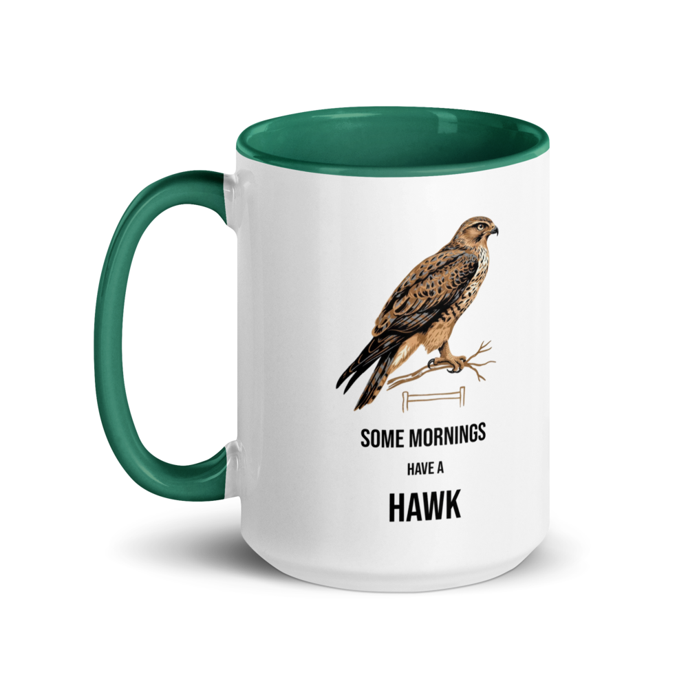 Hawk mug with dark green inside, 15 oz, handle on the left: the same design printed on the other side, so it faces out in either hand