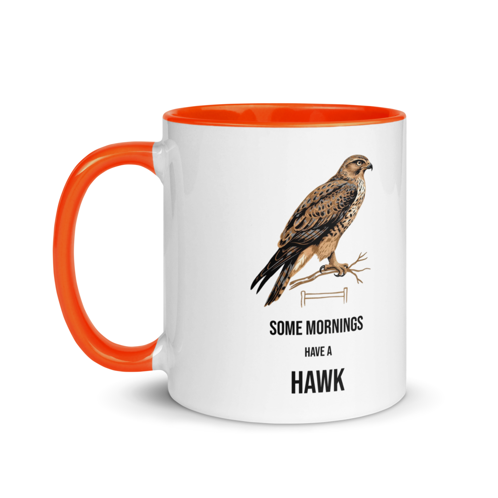 Hawk mug with orange inside, 11 oz, handle on the left: the same design printed on the other side, so it faces out in either hand