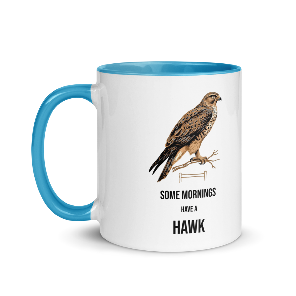 Hawk mug with blue inside, 11 oz, handle on the left: the same design printed on the other side, so it faces out in either hand