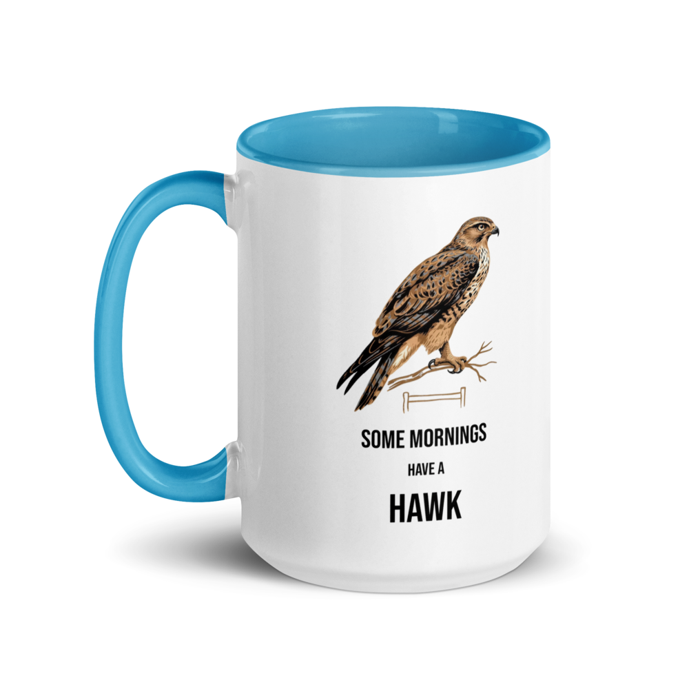 Hawk mug with blue inside, 15 oz, handle on the left: the same design printed on the other side, so it faces out in either hand