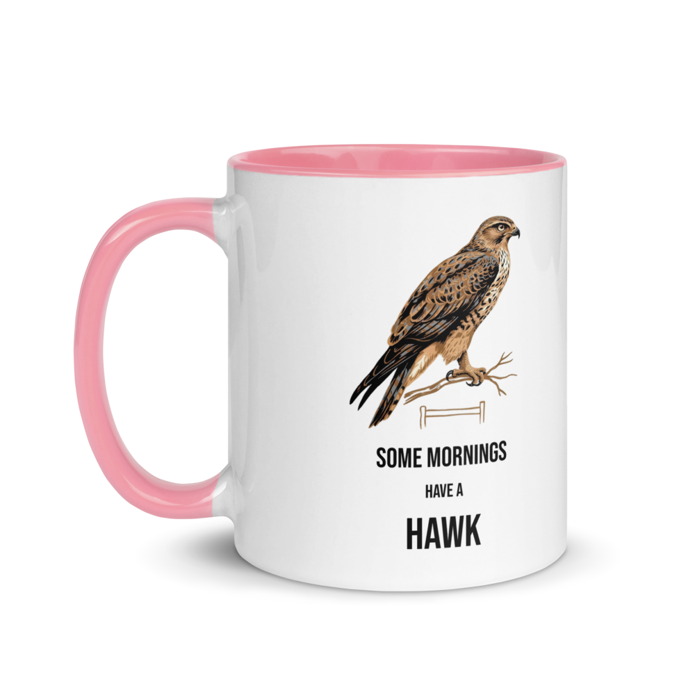 Hawk mug with pink inside, 11 oz, handle on the left: the same design printed on the other side, so it faces out in either hand