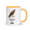 Hawk mug with golden yellow inside, 11 oz, handle on the right: a brown hawk on a branch over SOME MORNINGS HAVE A HAWK