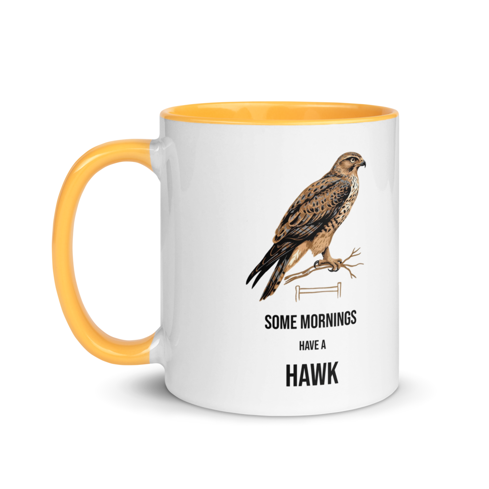 Hawk mug with golden yellow inside, 11 oz, handle on the left: the same design printed on the other side, so it faces out in either hand