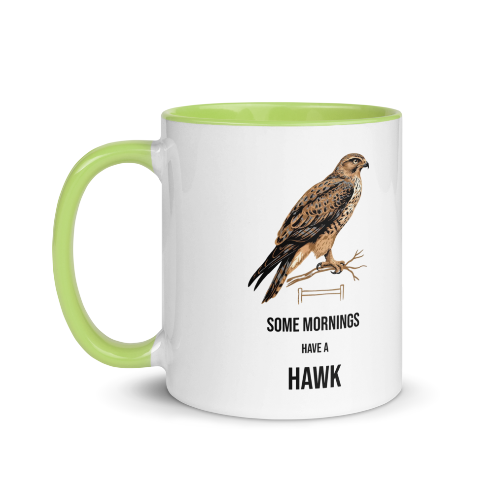 Hawk mug with green inside, 11 oz, handle on the left: the same design printed on the other side, so it faces out in either hand