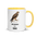 Hawk mug with yellow inside, 11 oz, handle on the right: a brown hawk on a branch over SOME MORNINGS HAVE A HAWK