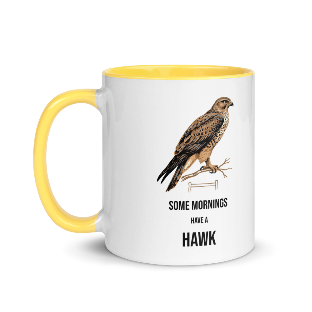 Hawk mug with yellow inside, 11 oz, handle on the left: the same design printed on the other side, so it faces out in either hand