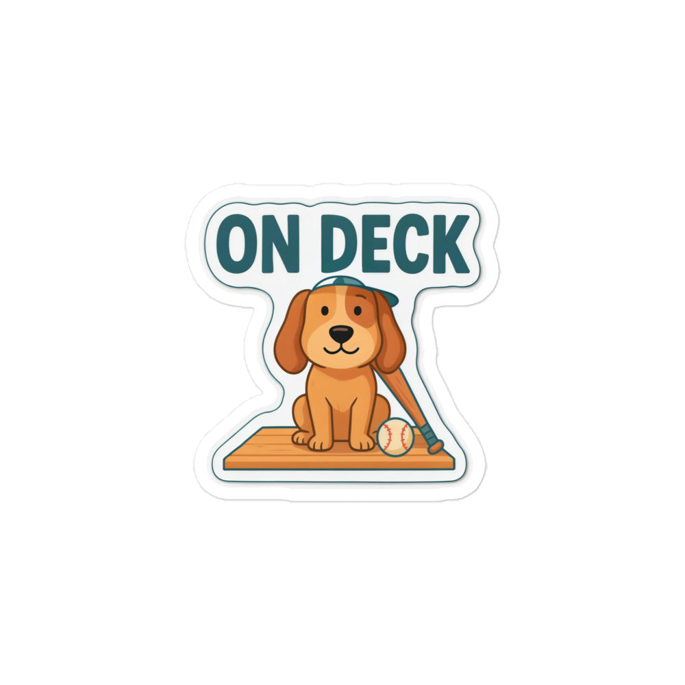 Baseball Dog Sticker – On Deck, 3x3 inch nominal option, full sticker front showing the complete design.