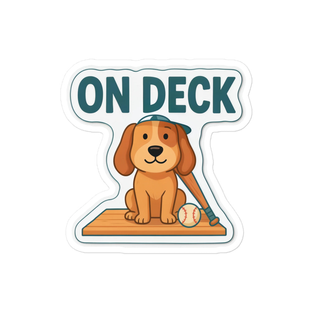 Baseball Dog Sticker – On Deck, 4x4 inch nominal option, full sticker front showing the complete design.
