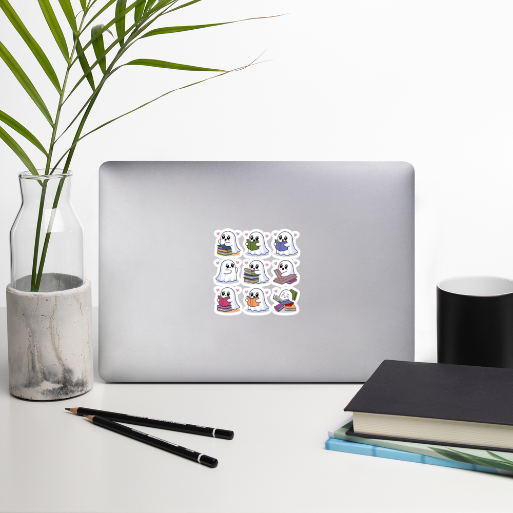 Bookish Ghost Sticker Sheet – Cute Pastel Ghosts Reading Books.