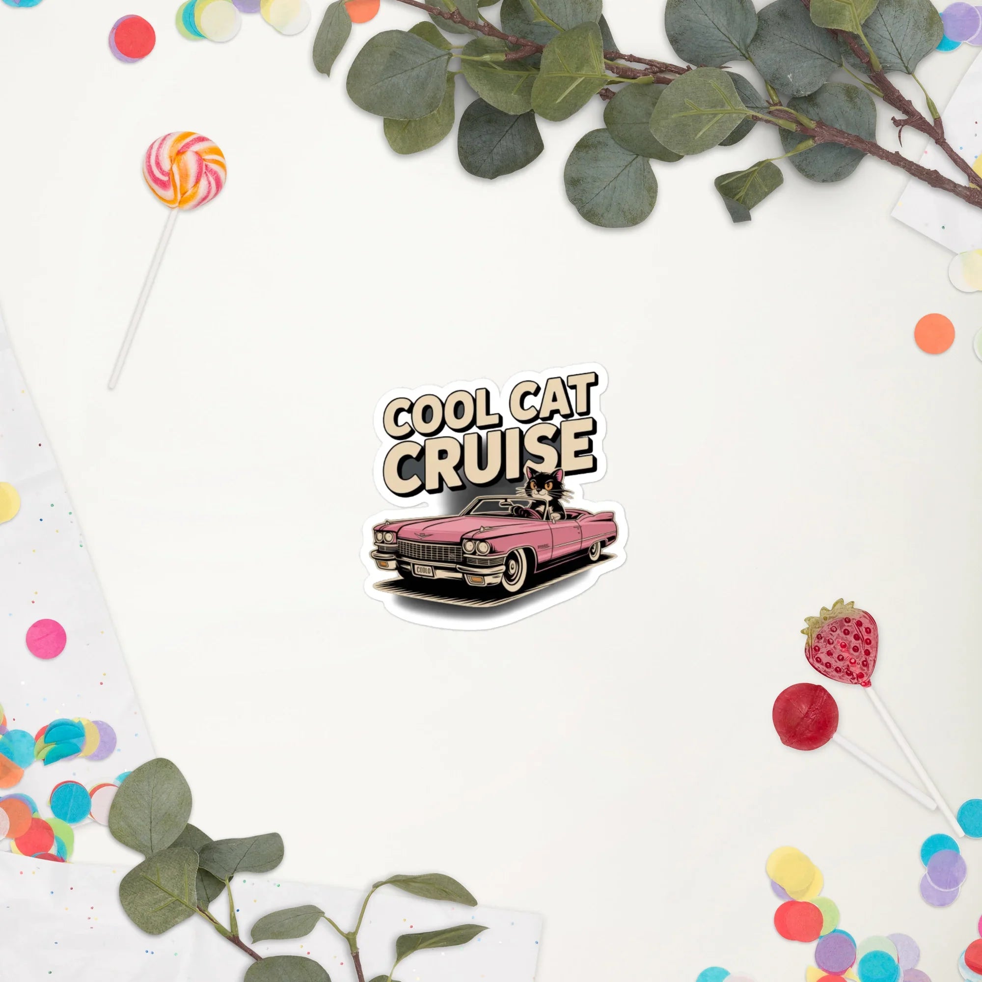Cool Cat Cruise Vinyl Sticker – Retro Pink Car - RaZits