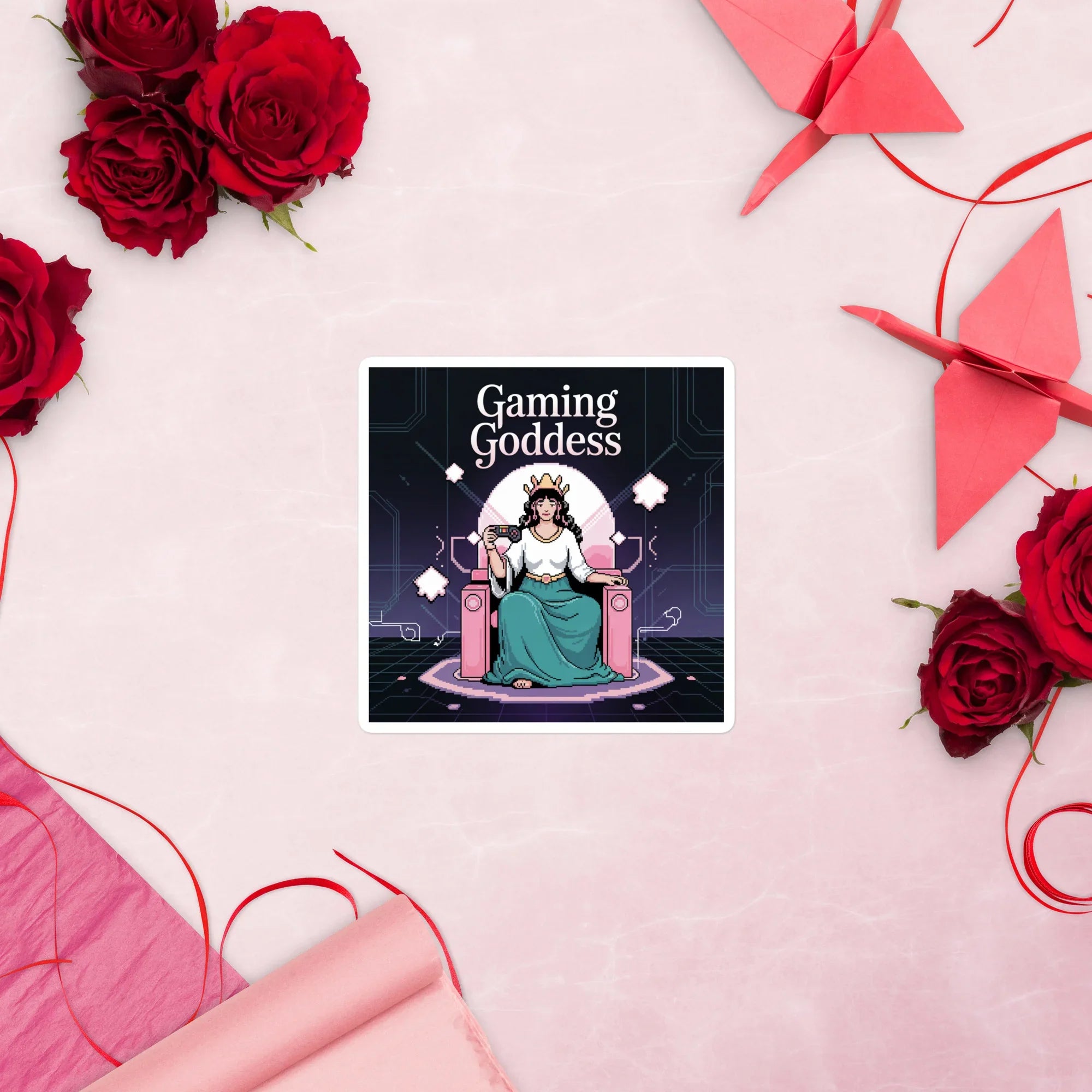 Gaming Goddess Pixel Sticker – Retro Gamer Throne Decal - RaZits