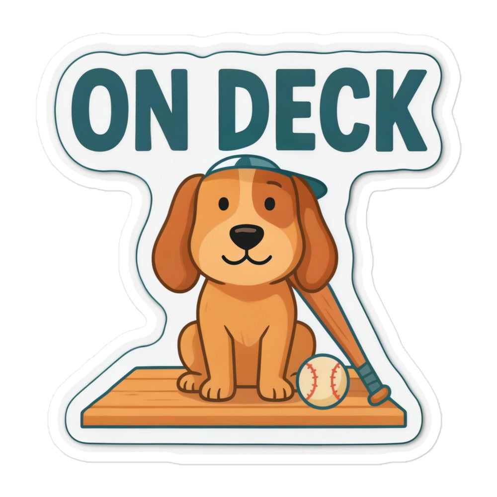 Baseball Dog Sticker – On Deck, 5.5x5.5 inch nominal option, full sticker front showing the complete design.