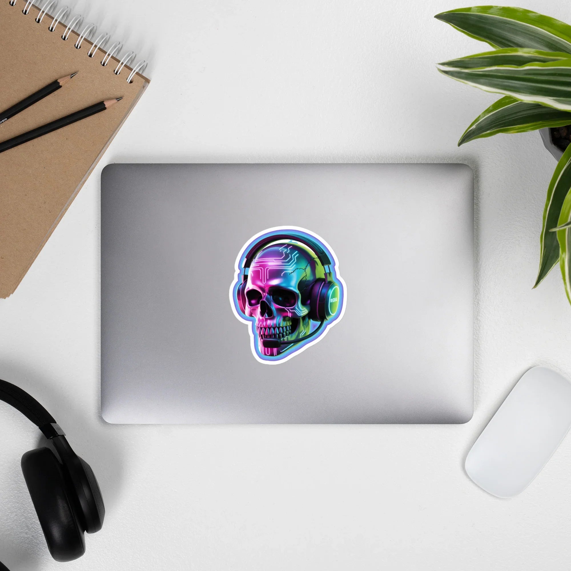 Cyberpunk Gamer Skull – Neon RGB Headset Sticker - RaZits