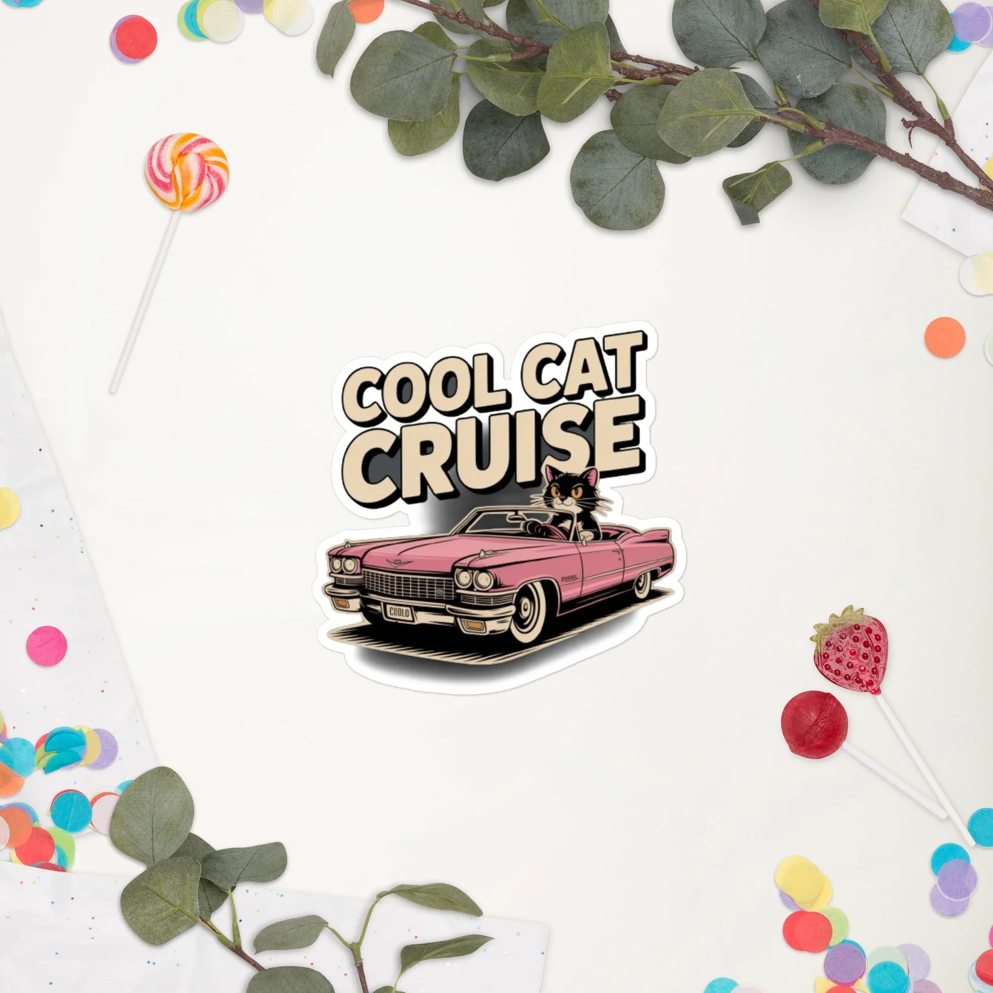 Cool Cat Cruise Vinyl Sticker – Retro Pink Car - RaZits