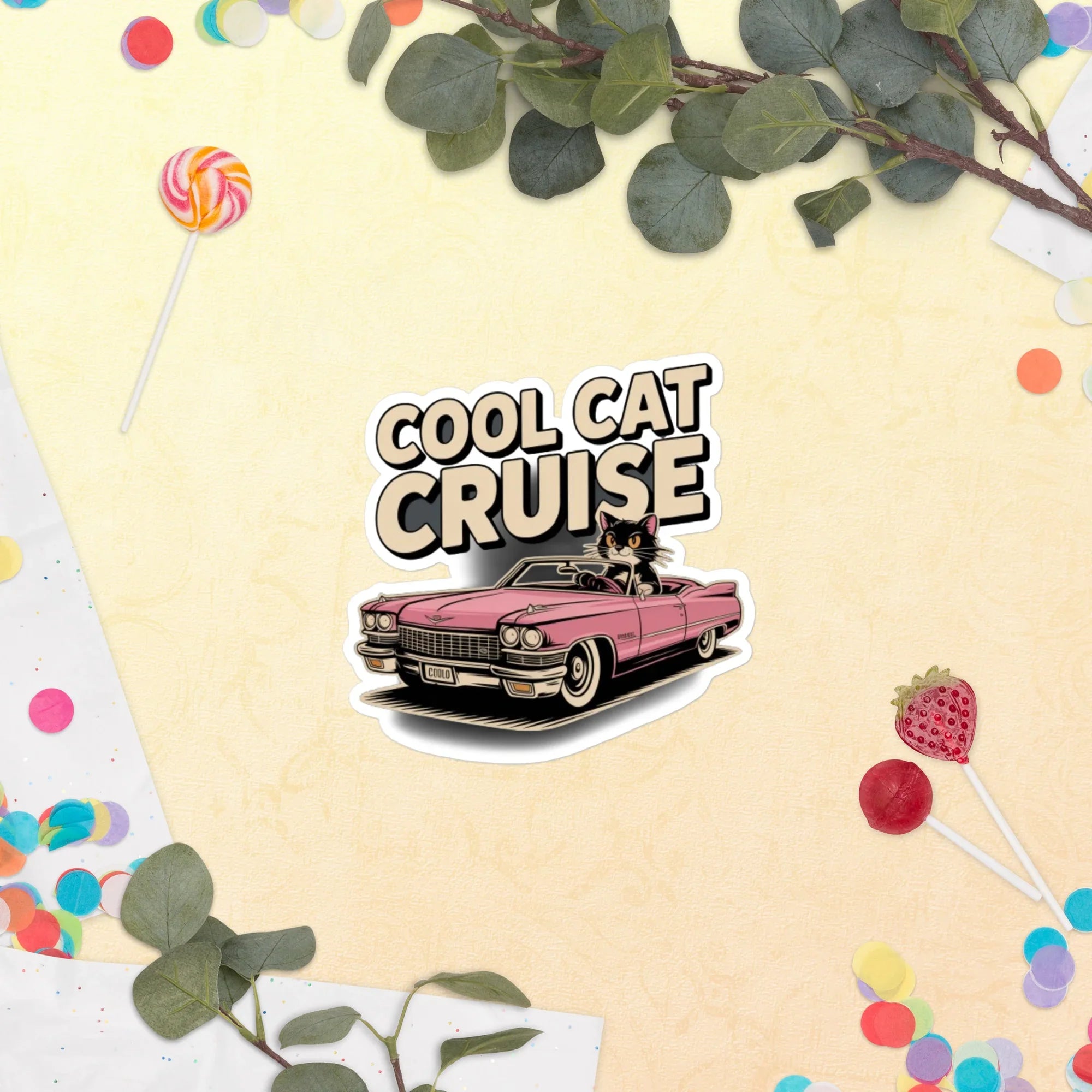 Cool Cat Cruise Vinyl Sticker – Retro Pink Car - RaZits