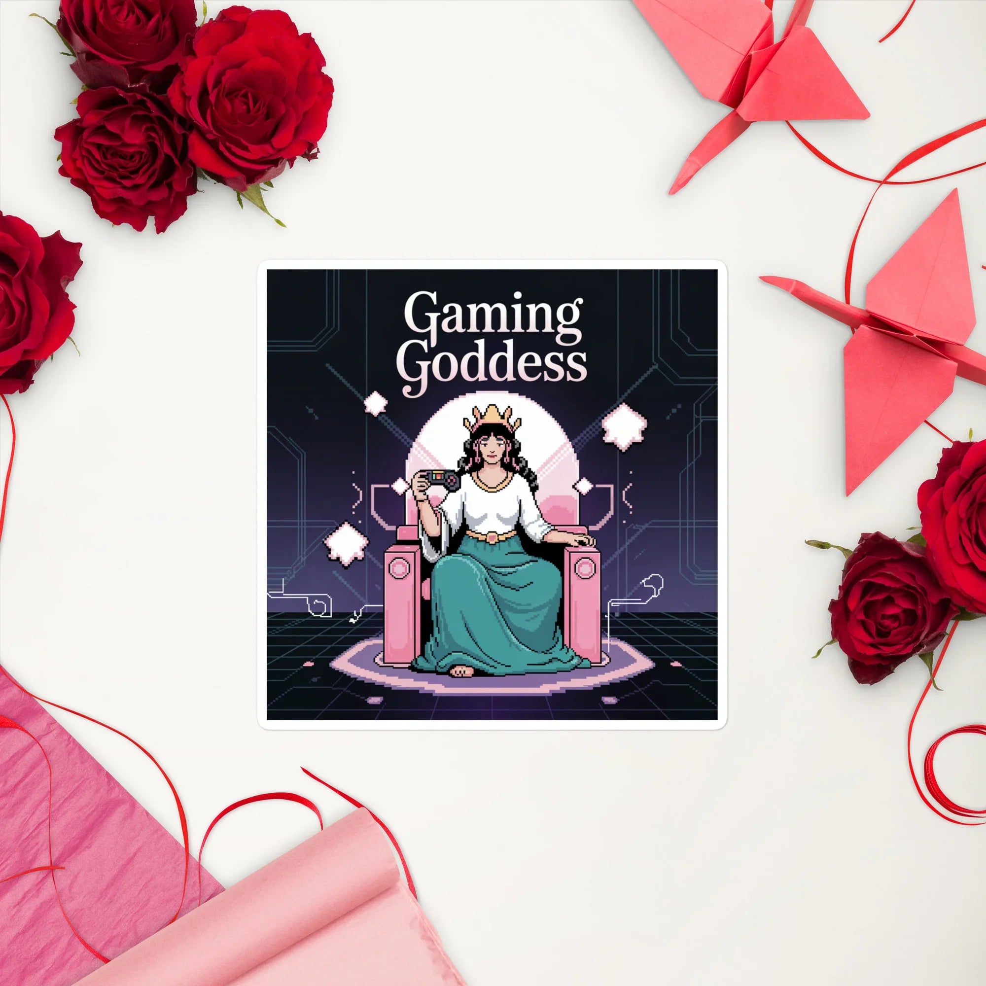 Gaming Goddess Pixel Sticker – Retro Gamer Throne Decal - RaZits
