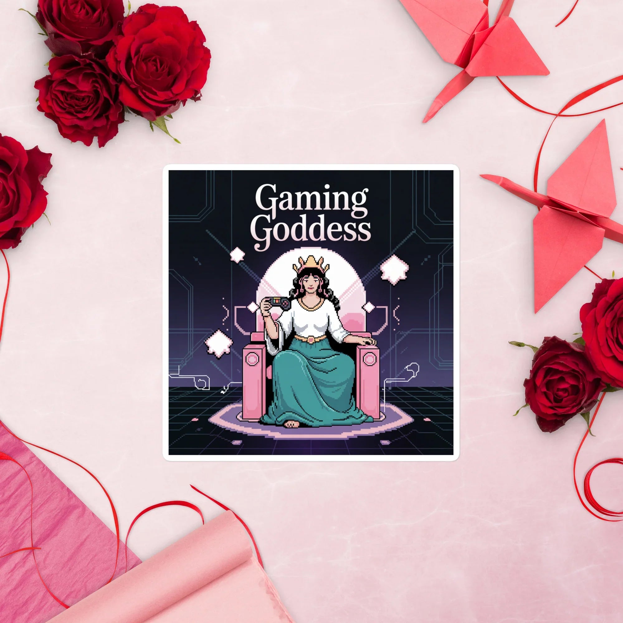 Gaming Goddess Pixel Sticker – Retro Gamer Throne Decal - RaZits