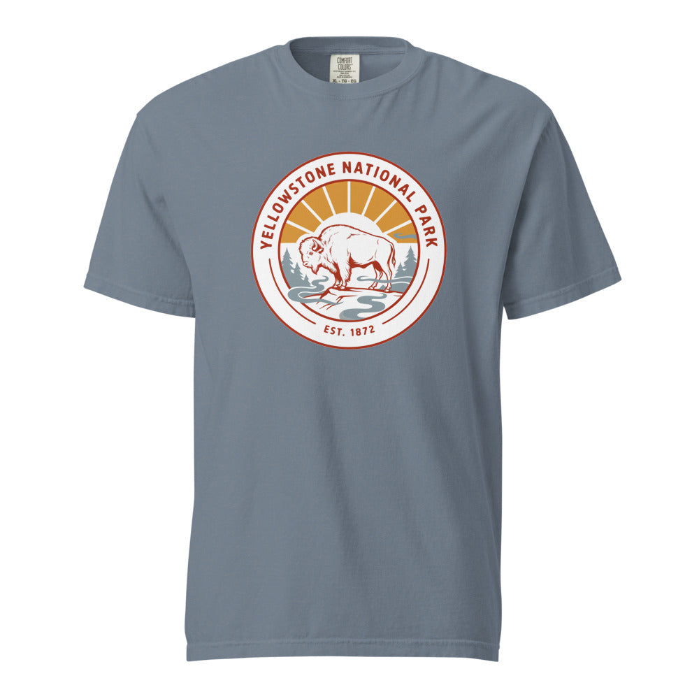 Yellowstone National Park WPA-style badge t-shirt in blue jean, front flat view