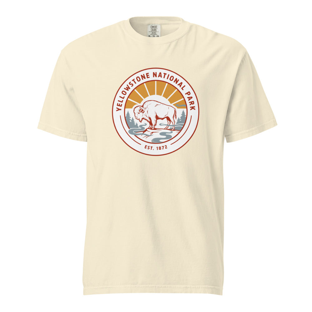 Yellowstone National Park WPA-style badge t-shirt in ivory, front flat view