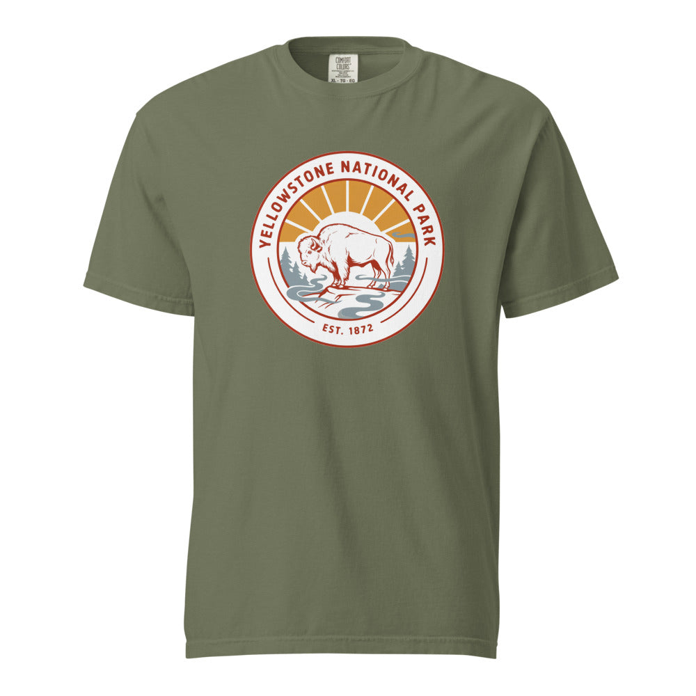 Yellowstone National Park WPA-style badge t-shirt in moss green, front flat view