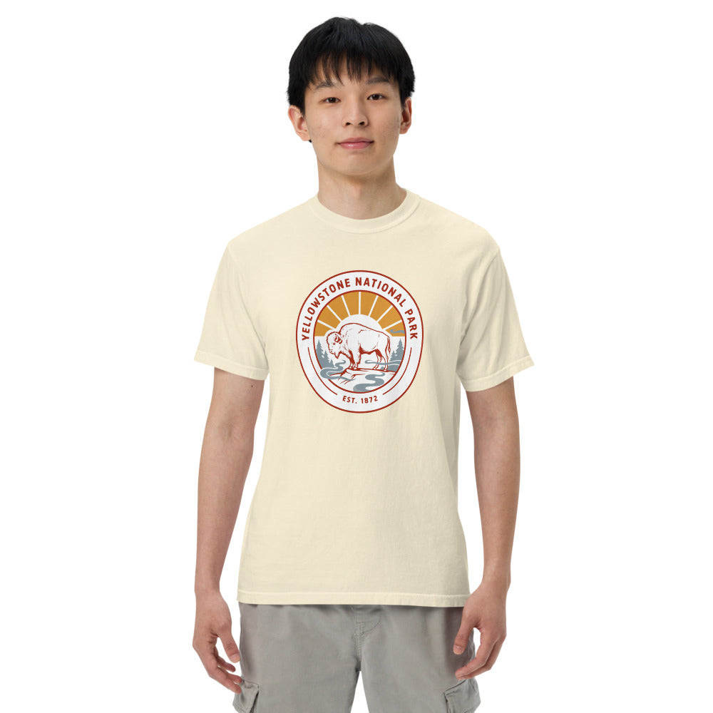 Yellowstone National Park WPA-style badge t-shirt worn on model, ivory, front view
