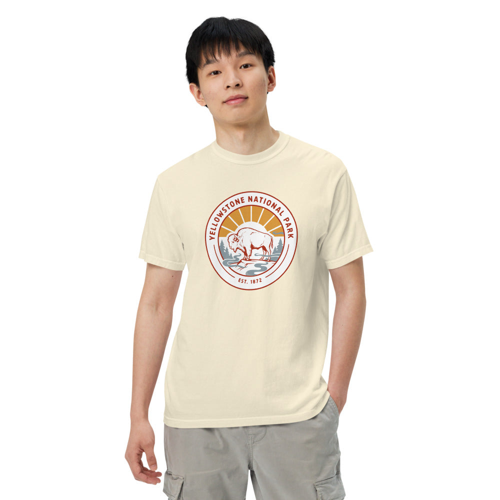 Yellowstone National Park WPA-style badge t-shirt worn on model, ivory, alternate front angle