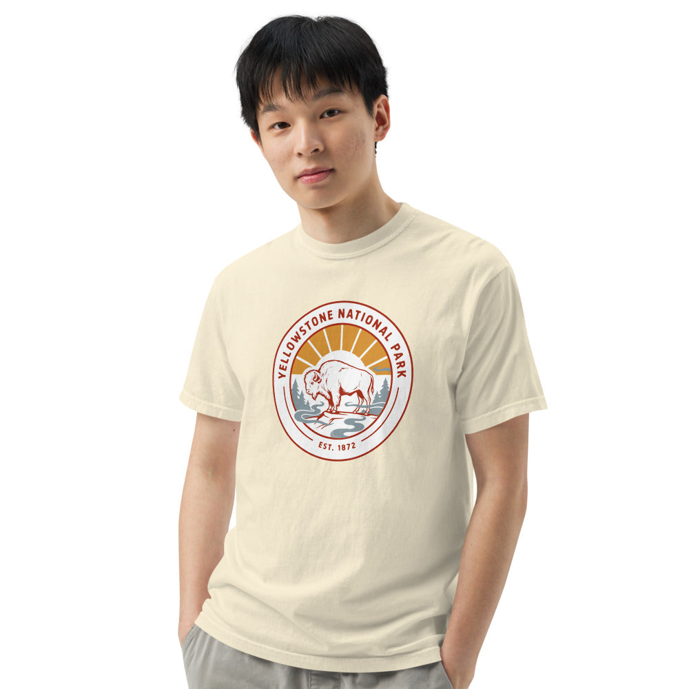 Yellowstone National Park WPA-style badge t-shirt worn on model, ivory, side angle