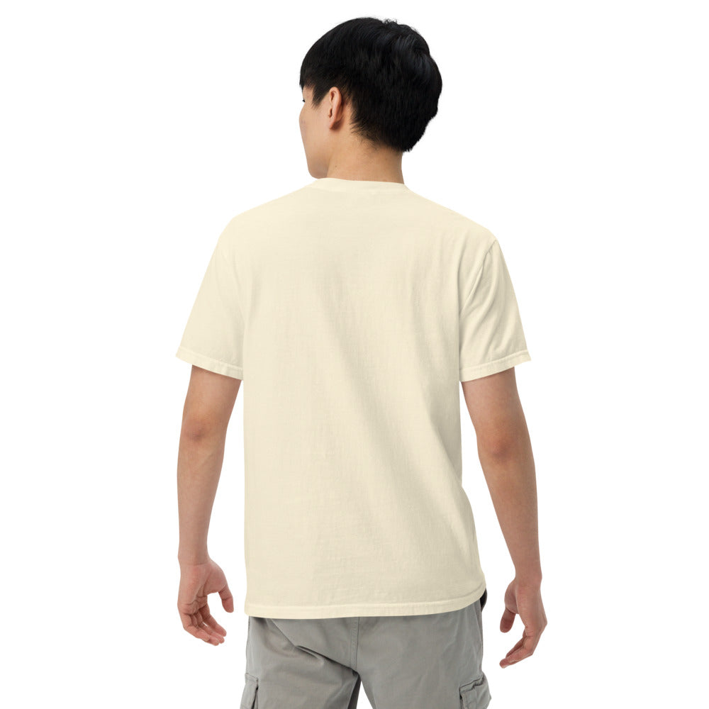Yellowstone National Park WPA-style badge t-shirt worn on model, ivory, back view