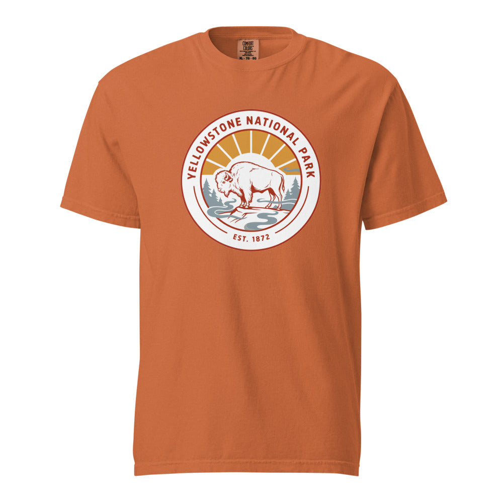 Yellowstone National Park WPA-style badge t-shirt in yam orange, front flat view