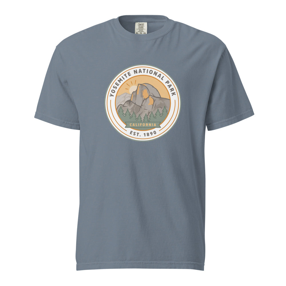 Yosemite National Park WPA-style badge t-shirt in blue jean, front flat view