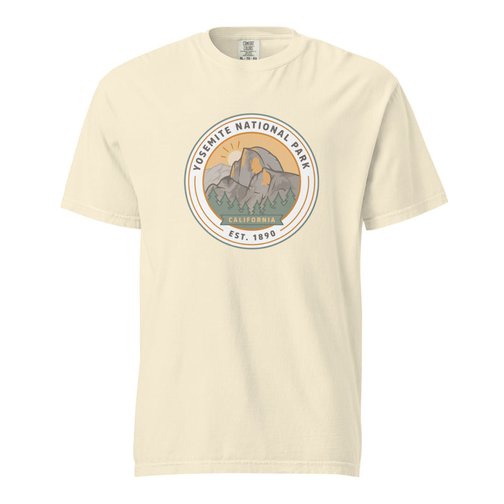 Yosemite National Park WPA-style badge t-shirt in ivory, front flat view
