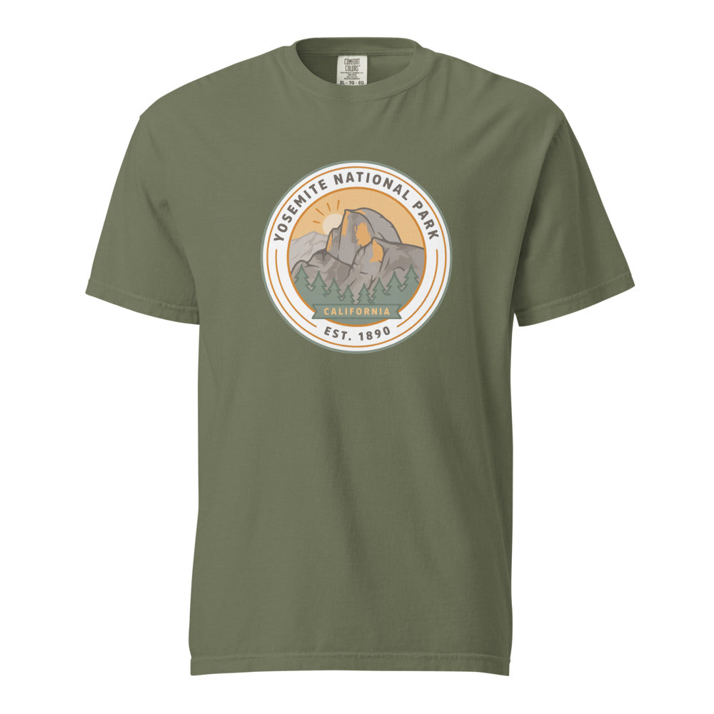 Yosemite National Park WPA-style badge t-shirt in moss green, front flat view