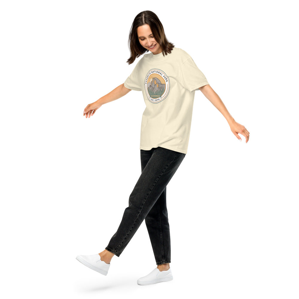 Yosemite National Park WPA-style badge t-shirt worn on model, ivory, front view