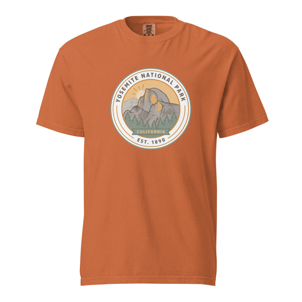 Yosemite National Park WPA-style badge t-shirt in yam orange, front flat view