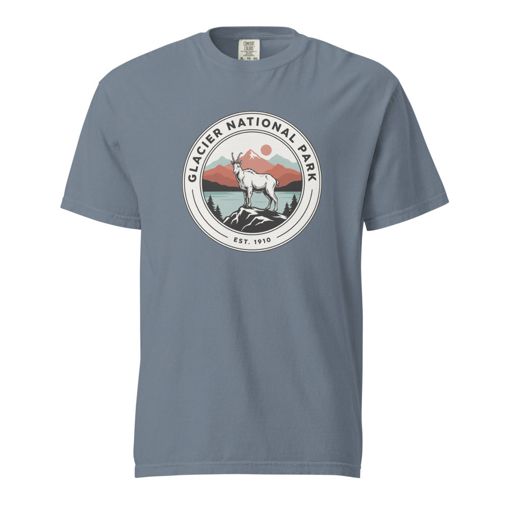 Glacier National Park WPA-style badge t-shirt in blue jean, front flat view