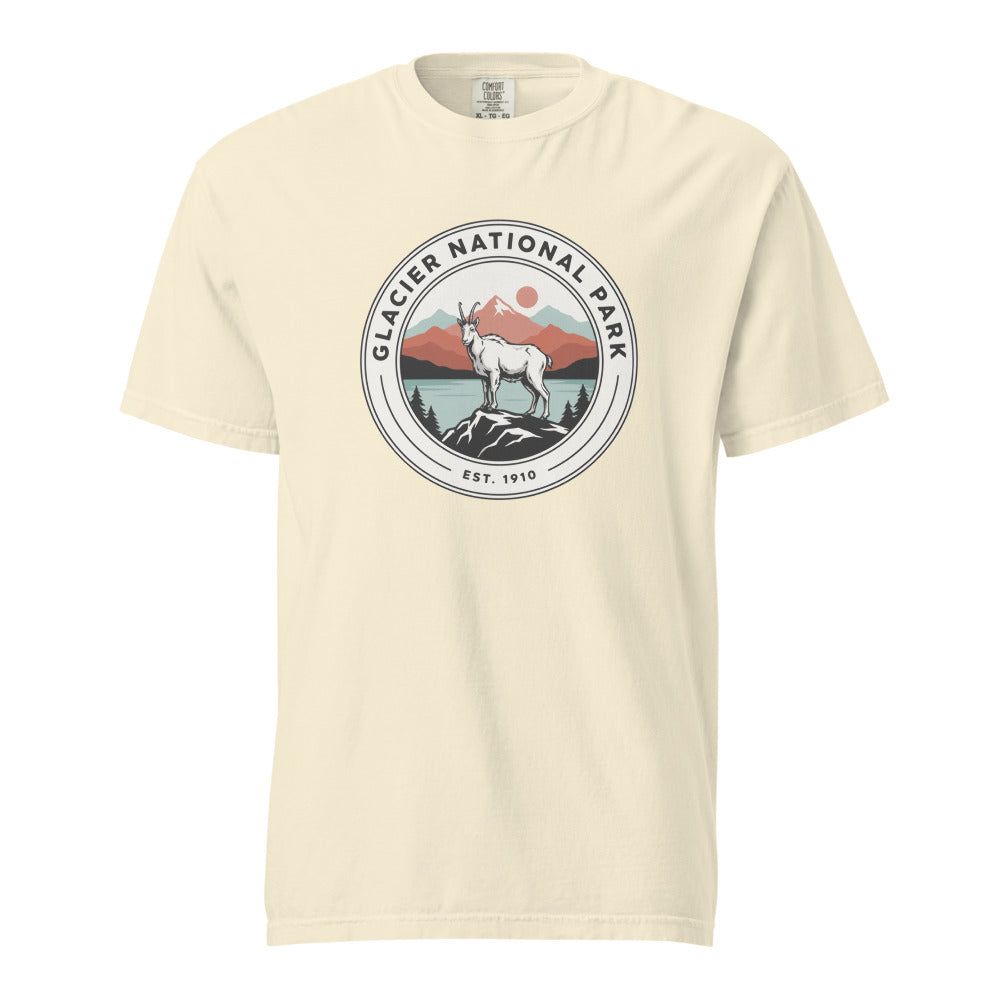 Glacier National Park WPA-style badge t-shirt in ivory, front flat view