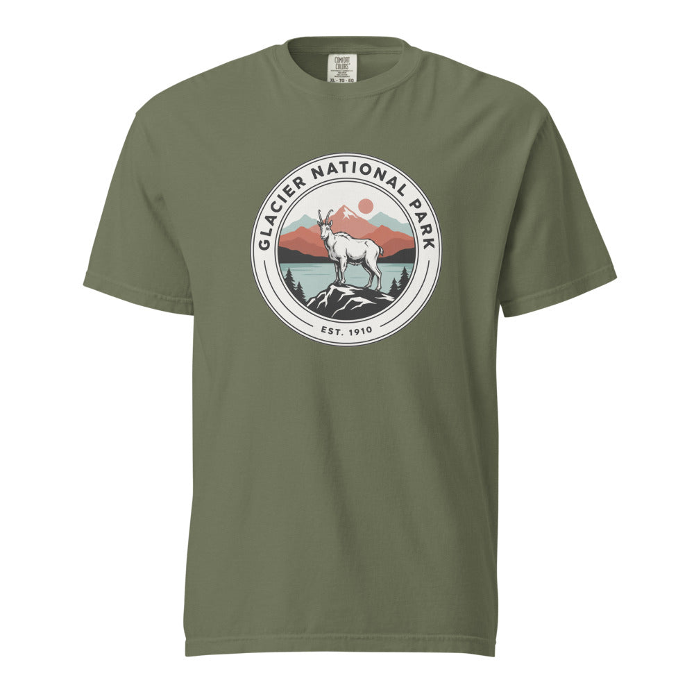 Glacier National Park WPA-style badge t-shirt in moss green, front flat view