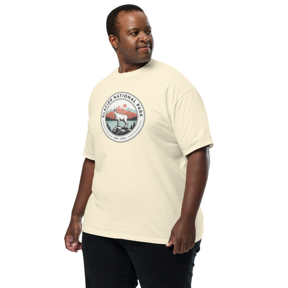 Glacier National Park WPA-style badge t-shirt worn on model, ivory, alternate front angle