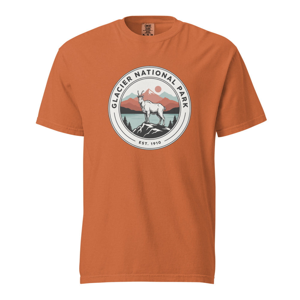 Glacier National Park WPA-style badge t-shirt in yam orange, front flat view
