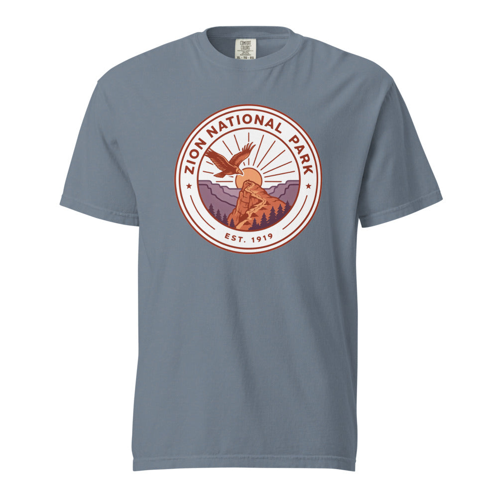 Zion National Park WPA-style badge t-shirt in blue jean, front flat view