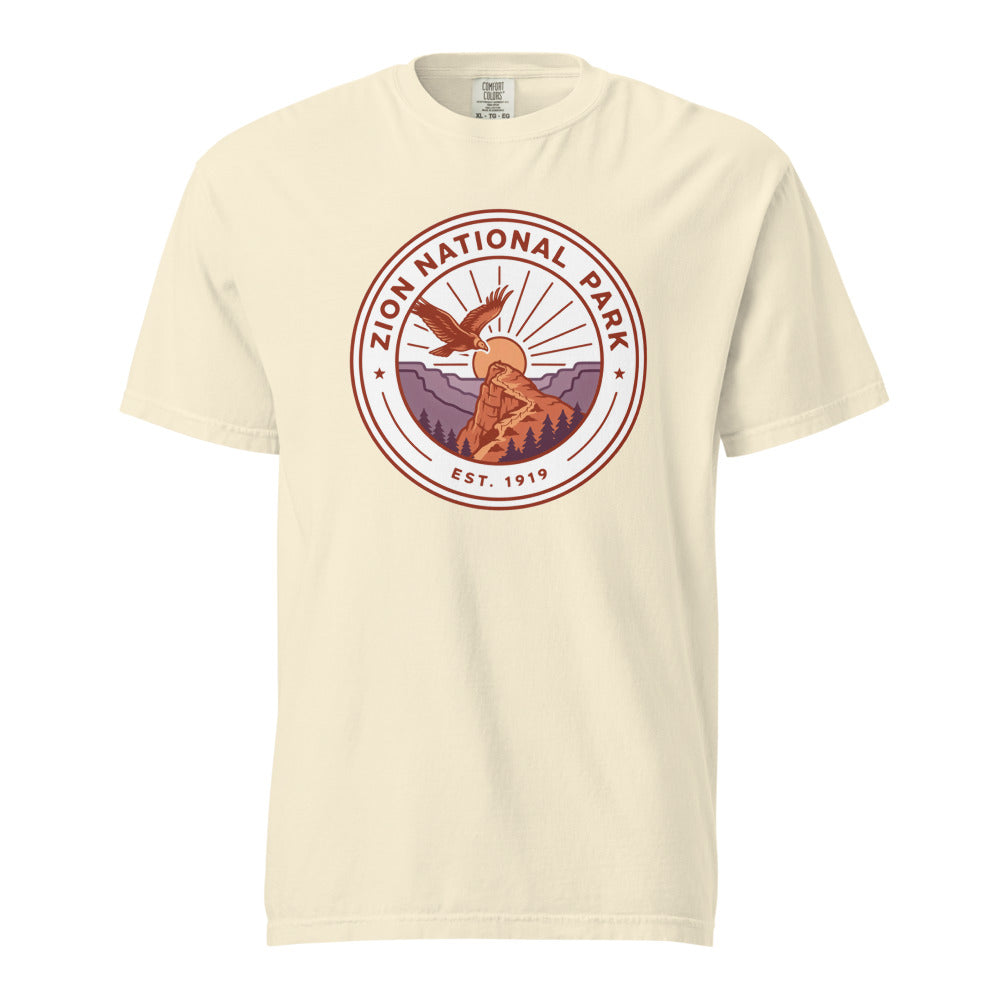 Zion National Park WPA-style badge t-shirt in ivory, front flat view